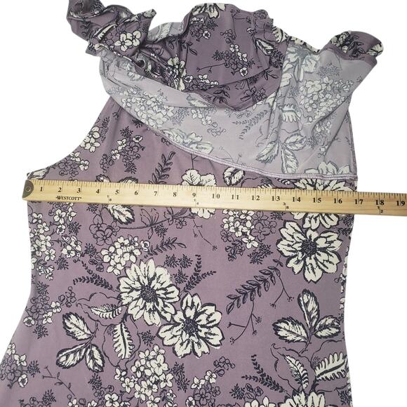 Bailey Blue Lilac Floral Maxi Dress Size L Asymmetrical Neckline Ruffle Stretch - Picture 5 of 11